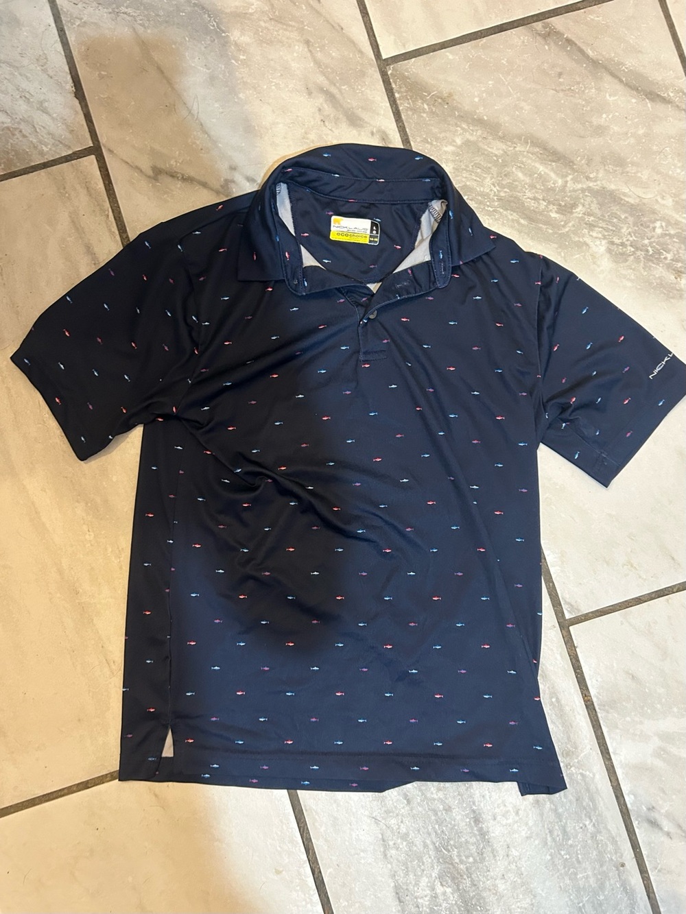 Nicklaus Boys Large 14-16 Navy Micro Fish Print Polo